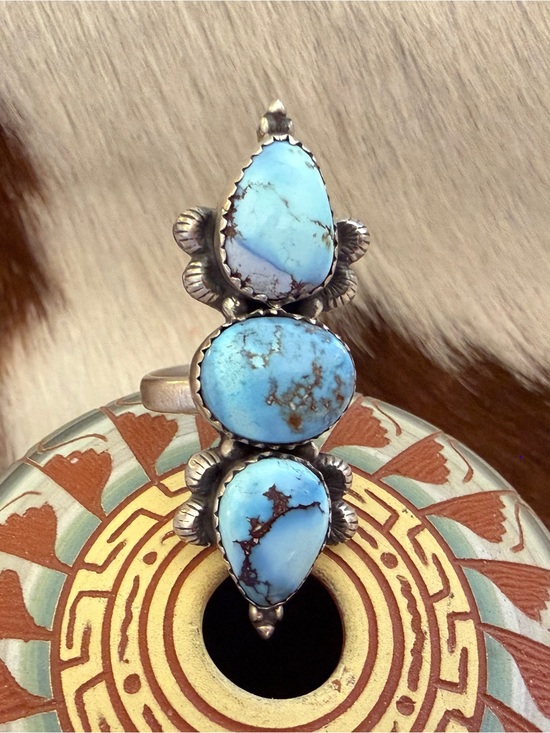 SouthWestArtisans Jewelry - ❤️ Golden Hills 3 Stone Turquoise Sterling Silver Navajo Style Ring Adjustable